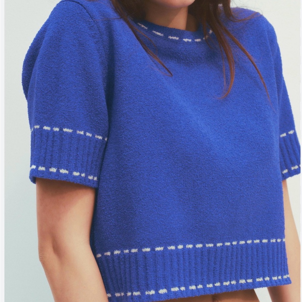 Zara Royal Blue and White Knit Crew Neck Sweater